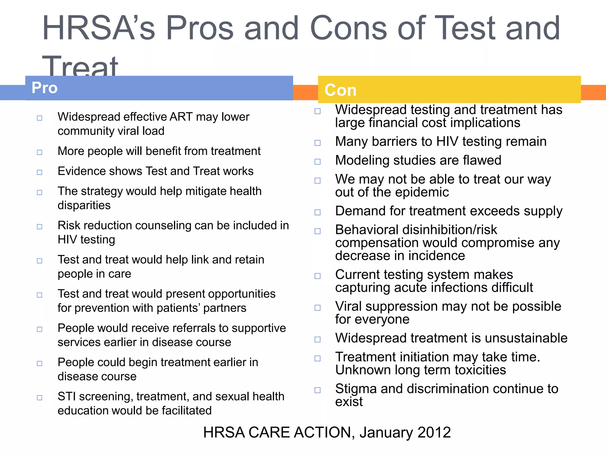 HRSA‟s Pros and Cons of Test and
 Treat
Pro               Con
   Widespread effective ART may lower
                                                      Widespread testing and treatment has
                                                       large financial cost implications
    community viral load
                                                      Many barriers to HIV testing remain
   More people will benefit from treatment
                                                      Modeling studies are flawed
   Evidence shows Test and Treat works
                                                      We may not be able to treat our way
   The strategy would help mitigate health            out of the epidemic
    disparities
                                                      Demand for treatment exceeds supply
   Risk reduction counseling can be included in      Behavioral disinhibition/risk
    HIV testing                                        compensation would compromise any
   Test and treat would help link and retain          decrease in incidence
    people in care                                    Current testing system makes
   Test and treat would present opportunities         capturing acute infections difficult
    for prevention with patients‟ partners            Viral suppression may not be possible
                                                       for everyone
   People would receive referrals to supportive
    services earlier in disease course                Widespread treatment is unsustainable
   People could begin treatment earlier in           Treatment initiation may take time.
    disease course
                                                       Unknown long term toxicities
                                                      Stigma and discrimination continue to
   STI screening, treatment, and sexual health        exist
    education would be facilitated
                                HRSA CARE ACTION, January 2012
 