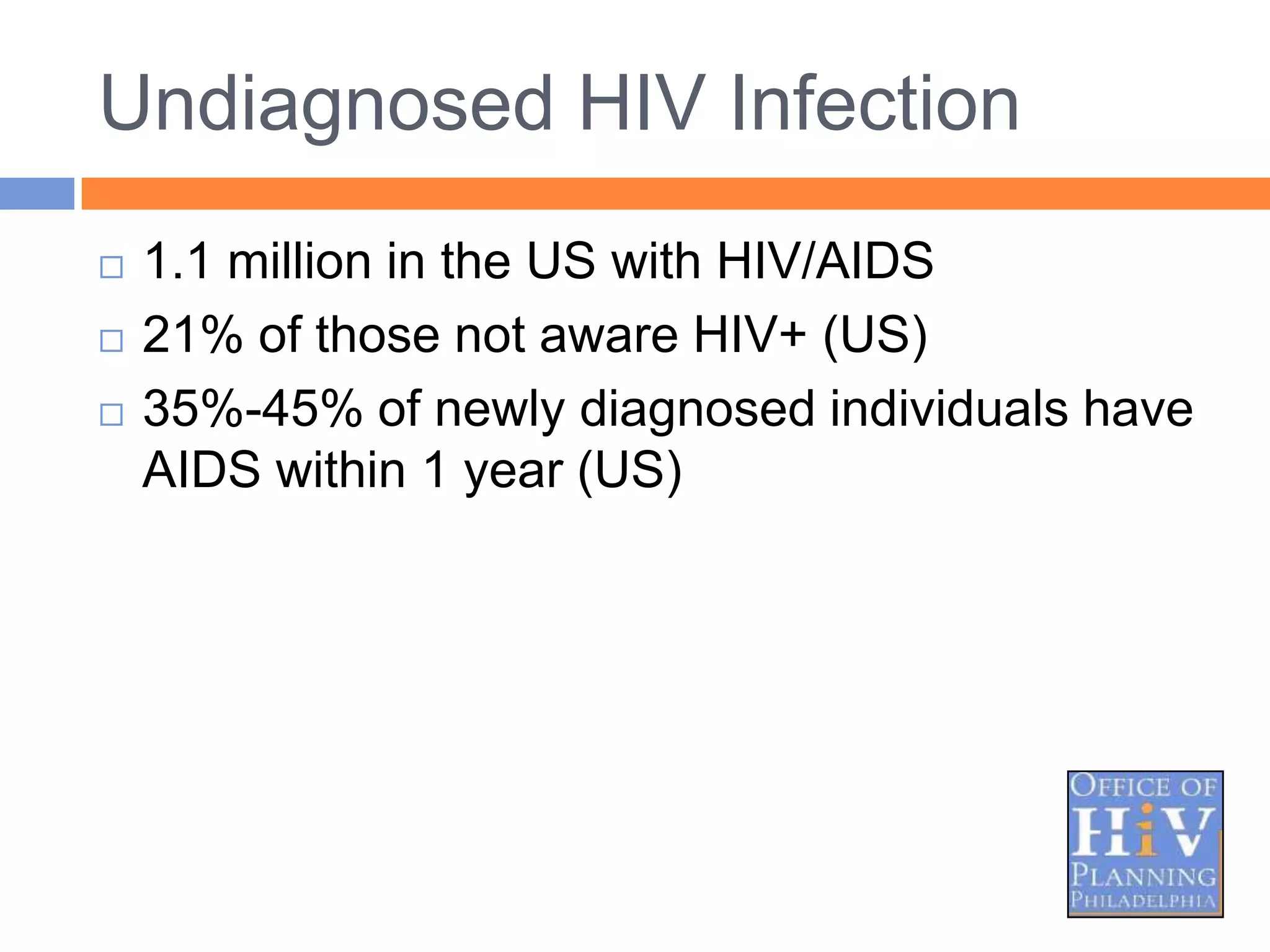 Undiagnosed HIV Infection
   1.1 million in the US with HIV/AIDS
   21% of those not aware HIV+ (US)
   35%-45% of newly diagnosed individuals have
    AIDS within 1 year (US)
 