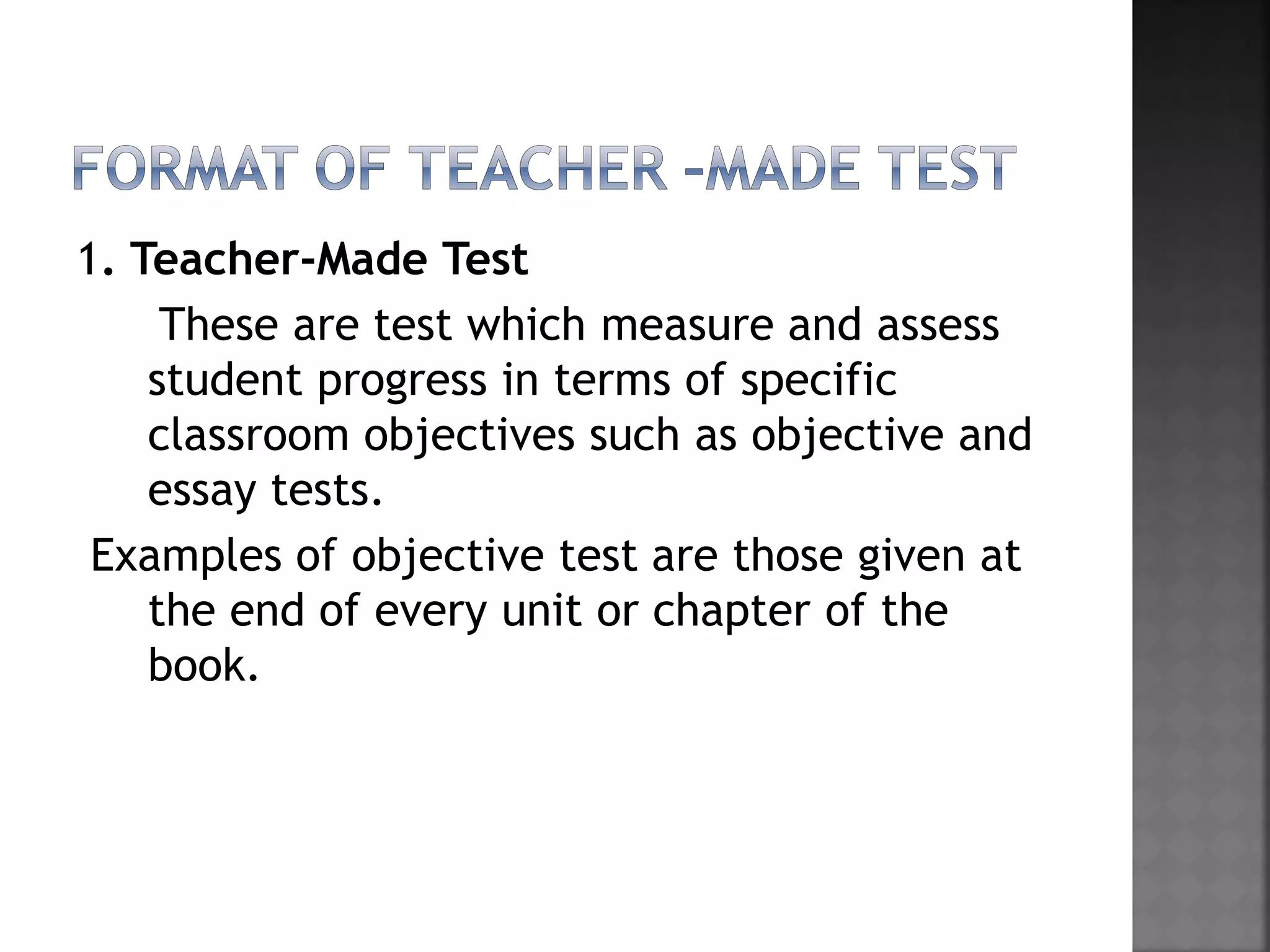 Test and types of test in education ppt