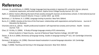 Reference
Andrade, M. and Williams, K. (2009). Foreign language learning anxiety in Japanese EFL university classes: physical,
emotional, expressive, and verbal reactions. Sophia Junior College Faculty Journal. 29. 1-24.
Aydin, S. (2013). Factors affecting the level of test anxiety among EFL learners at elementary schools. E-international journal
of educational research Volume: 4 Issue: 1 winter 2013 pp. 63-81
Bachman, L. F. & Palmer, A. S. (1996). Language testing in practice. New York: Oxford.
Burns, D. J. (2004). Anxiety at the time of the final exam: relationships with expectations and performance. Journal of
Education for Business.
Chaniotis and et al., (2013). Health professional students’ self‐reported test anxiety and nutrition. Health Science
Journal. 7 (2)
Chan, D. Y. & Wu, G. (2004). A Study of foreign language anxiety of EFL elementary
School students in Taipei County. Journal of National Taipei Teachers College. 1(2) 287~320
Davies, A. & et al. (2006). Dictionary of language testing. Studies in language testing.(7th ed.). UK: Cambridge University
Press.
Genesee, F. & Upshur, J.A. (1996). Classroom-based evaluation in second language education. UK: Cambridge
University Press.
Hedge, T. (2000). Teaching and learning in the language classroom. New York: Oxford.

 