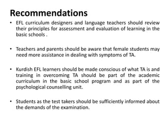 Test anxiety of kurdish efl learners in basic schools in northern iraq ...