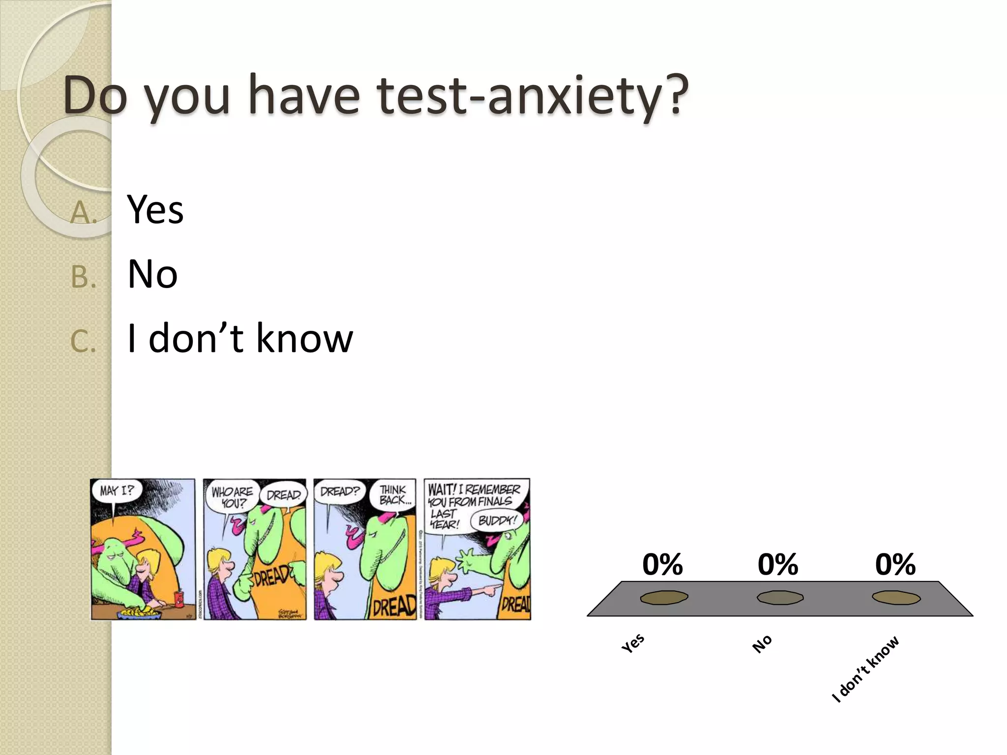 Do you have test-anxiety?
A. Yes
B. No
C. I don’t know
Yes
No
Idon’tknow
0% 0%0%
 