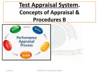 Test Appraisal System.
Concepts of Appraisal &
Procedures B
UNIVERISTY OF EDUCATION, LAHORE11/4/2015
 
