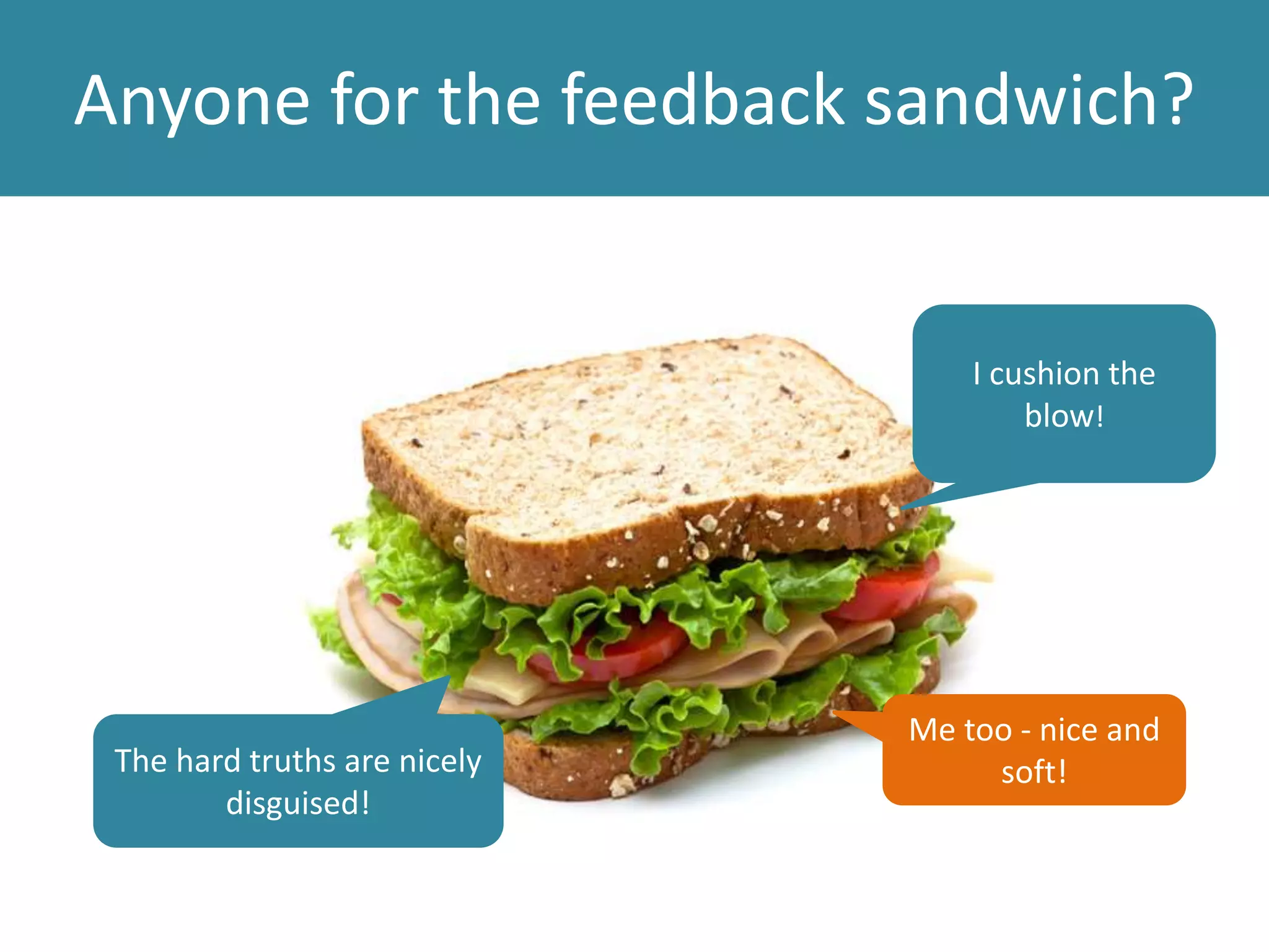 Anyone for the feedback sandwich?
I cushion the
blow!
The hard truths are nicely
disguised!
Me too - nice and
soft!
 