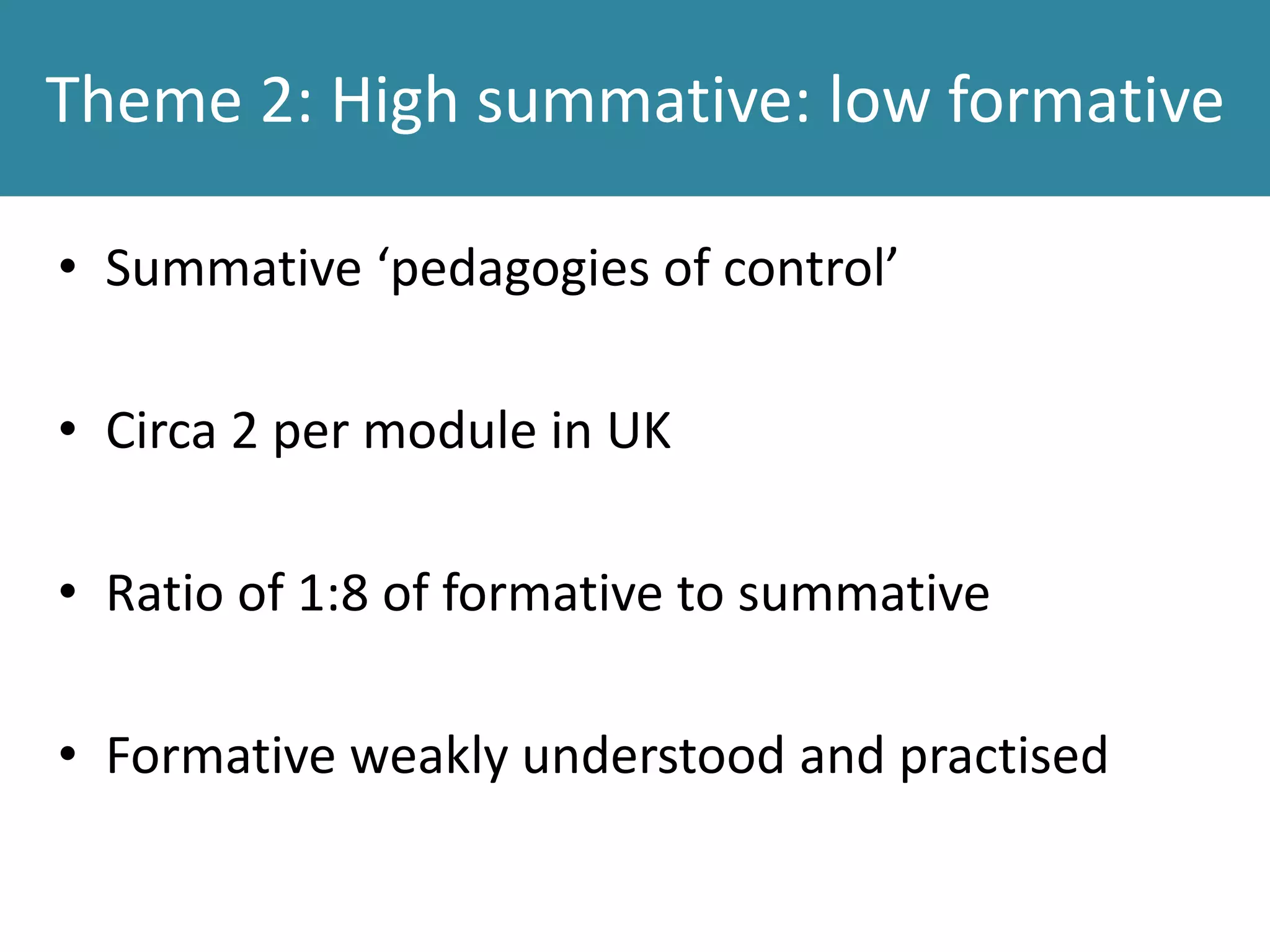 Theme 2: High summative: low formative
• Summative ‘pedagogies of control’
• Circa 2 per module in UK
• Ratio of 1:8 of formative to summative
• Formative weakly understood and practised
 