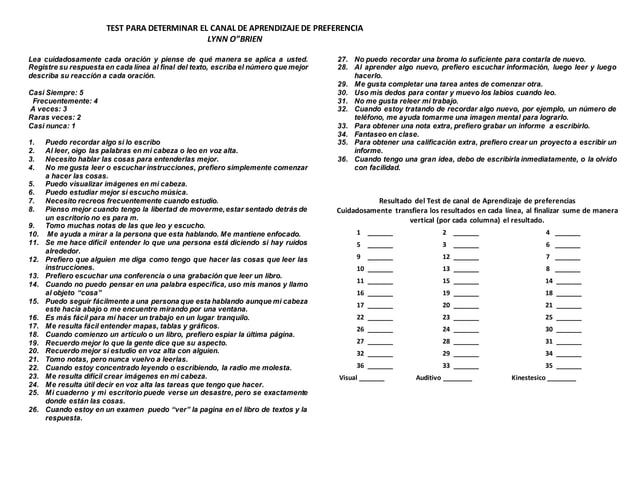 Test auditivo, visual y kinestesico 2021 | PPT