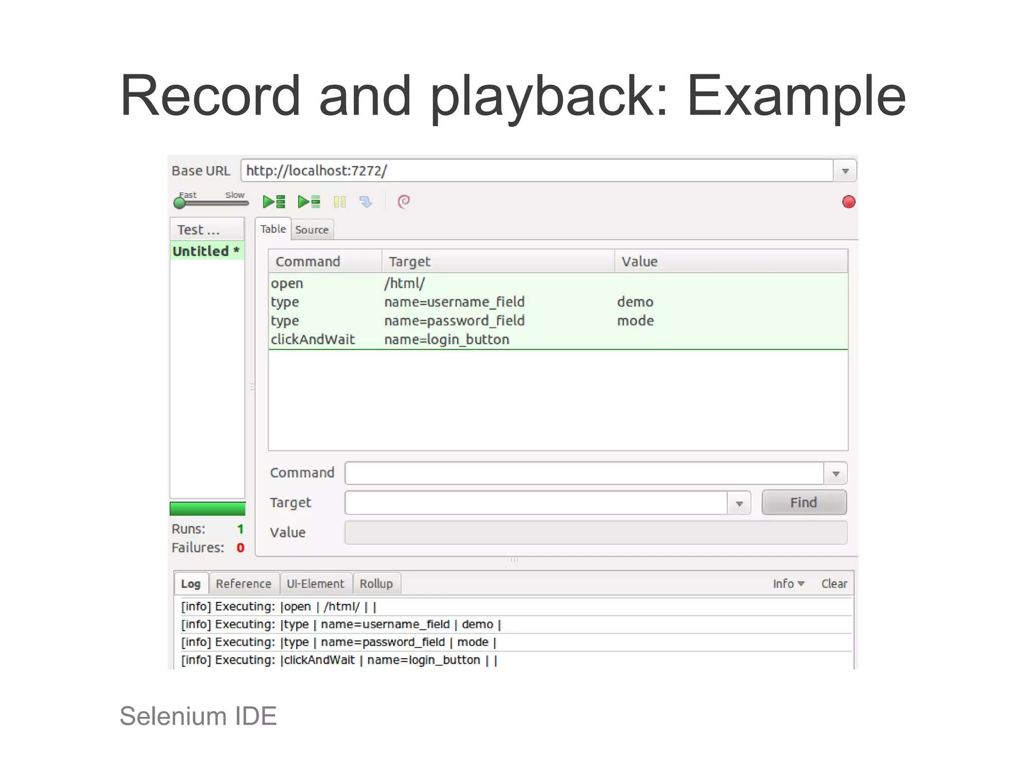 Record and playback: Example




Selenium IDE
 