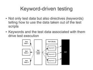 Keyword-driven testing
●   Not only test data but also directives (keywords)
    telling how to use the data taken out of the test
    scripts
●   Keywords and the test data associated with them
    drive test execution
 