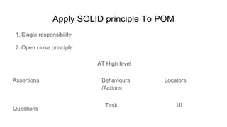 Apply SOLID principle To POM
1. Single responsibility
2. Open close principle
Assertions Behaviours
/Actions
Locators
AT High level
Questions
Task UI
 