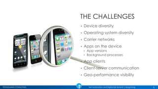 TESTINGMIND CONSULTING Test Automation and Digital QA Summit | Hong Kong
THE CHALLENGES
8
• Device diversity
• Operating system diversity
• Carrier networks
• Apps on the device
• App versions
• Background processes
• App clients
• Client-server communication
• Geo-performance visibility
 