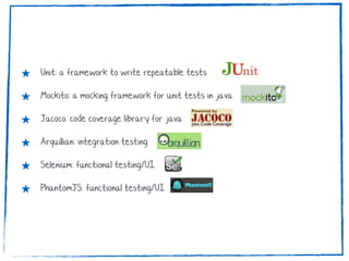 ★ Unit: a framework to write repeatable tests
★ Mockito: a mocking framework for unit tests in java
★ Jacoco: code coverage library for java
★ Arquillian: integration testing
★ Selenium: functional testing/UI
★ PhantomJS: functional testing/UI
 