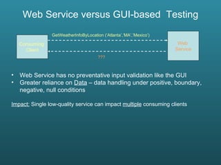 Web Service versus GUI-based  Testing Web Service has no preventative input validation like the GUI Greater reliance on  Data  – data handling under positive, boundary, negative, null conditions  Impact:  Single low-quality service can impact  multiple  consuming clients Consuming  Client GetWeatherInfoByLocation (‘Atlanta’,‘MA’,’Mexico’) Web  Service ??? 