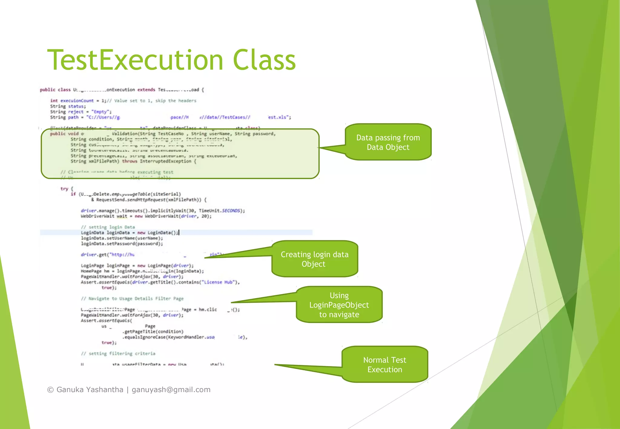 TestExecution Class
© Ganuka Yashantha | ganuyash@gmail.com
Data passing from
Data Object
Creating login data
Object
Using
LoginPageObject
to navigate
Normal Test
Execution
 