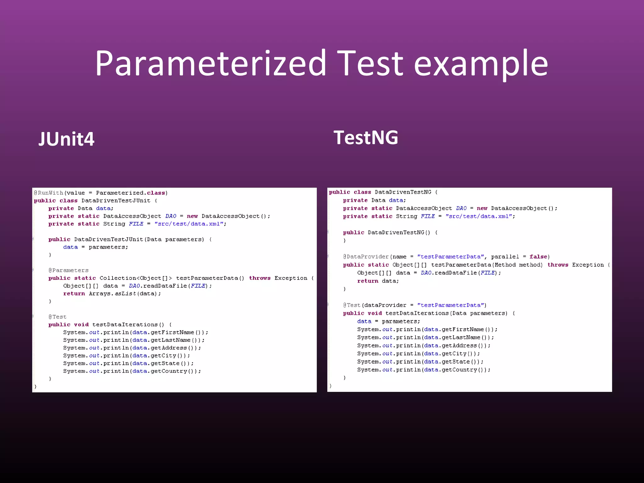 Parameterized Test example
JUnit4 TestNG
 