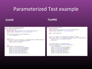 Parameterized Test example
JUnit4 TestNG
 