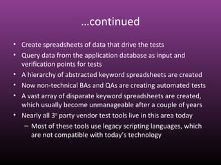 …continued
• Create spreadsheets of data that drive the tests
• Query data from the application database as input and
verification points for tests
• A hierarchy of abstracted keyword spreadsheets are created
• Now non-technical BAs and QAs are creating automated tests
• A vast array of disparate keyword spreadsheets are created,
which usually become unmanageable after a couple of years
• Nearly all 3rd
party vendor test tools live in this area today
– Most of these tools use legacy scripting languages, which
are not compatible with today’s technology
 