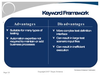 Keyword Framework Suitable for many types of testing Automation expertise not required to maintain or add business processes Advantages Disadvantages More complex test definition interface Can result in large test scenario input files Can result in inefficient execution 
