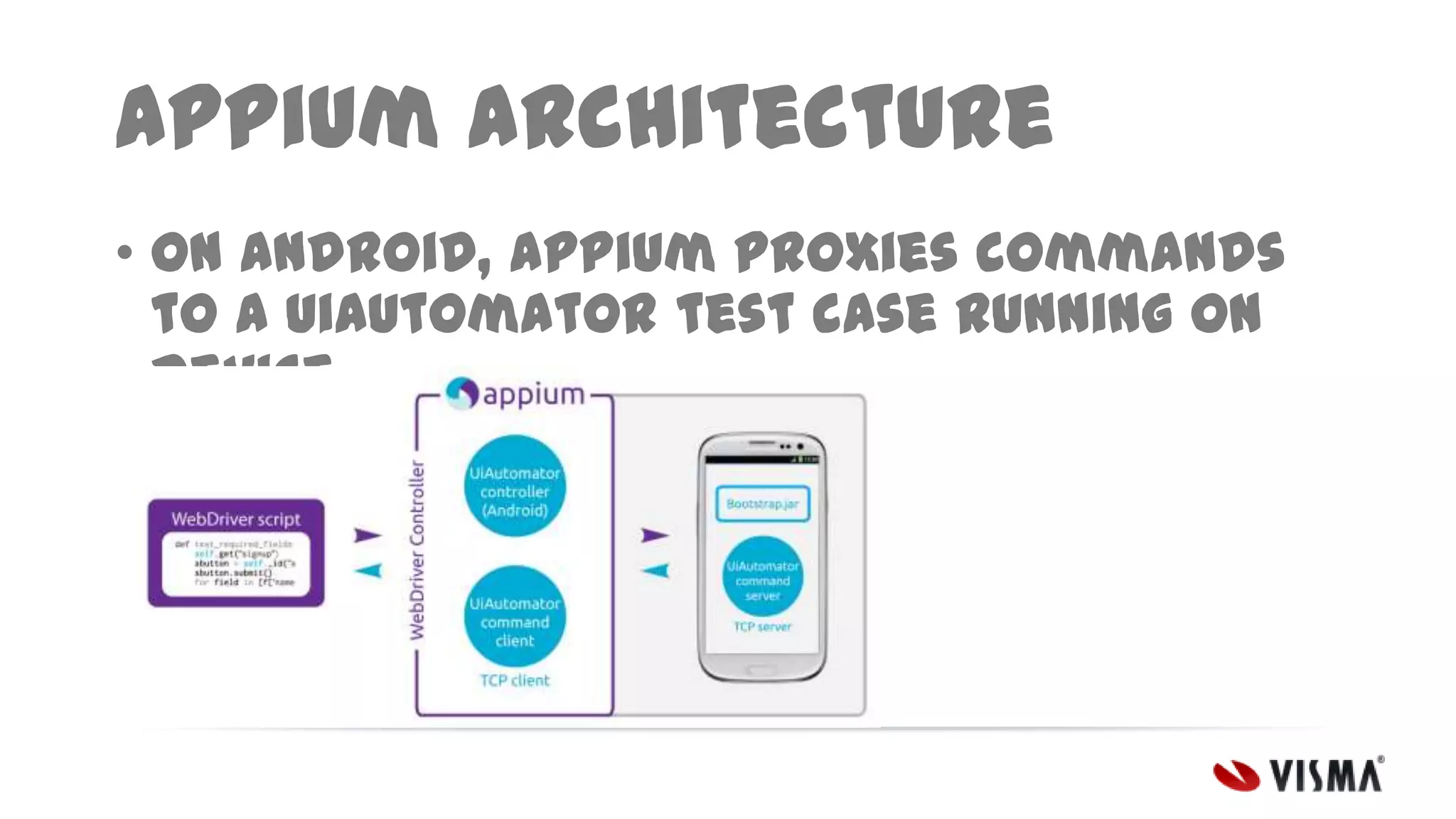 Appium architecture
• On Android, appium proxies commands
to a UiAutomator test case running on
device

 