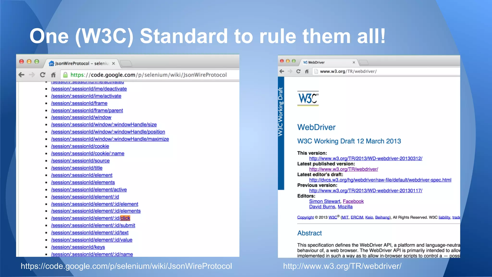 One (W3C) Standard to rule them all!
https://code.google.com/p/selenium/wiki/JsonWireProtocol http://www.w3.org/TR/webdriver/
 