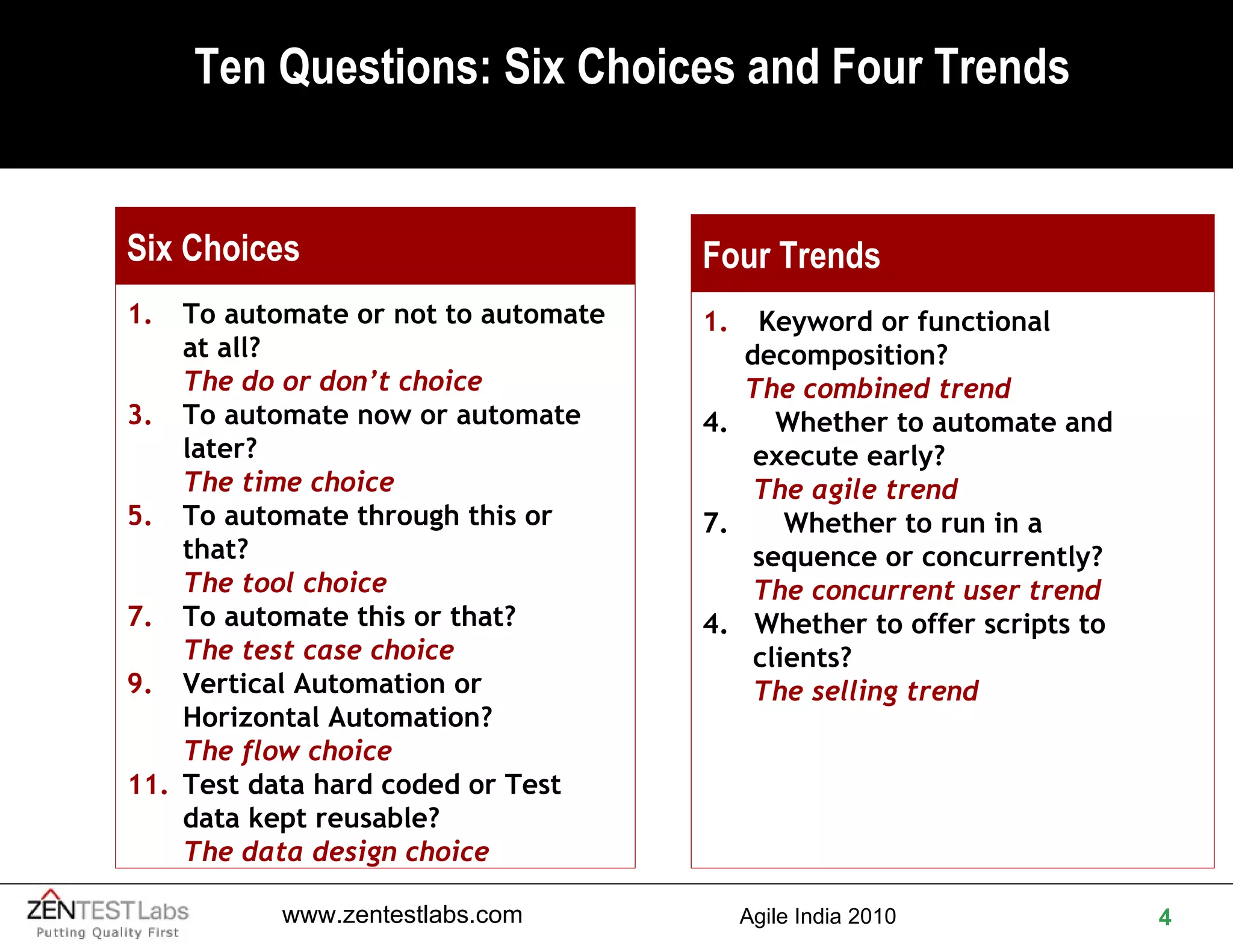 Ten Questions: Six Choices and Four Trends Six Choices To automate or not to automate at all? The do or don’t choice To automate now or automate later?  The time choice To automate through this or that?  The tool choice To automate this or that? The test case choice Vertical Automation or Horizontal Automation? The flow choice Test data hard coded or Test data kept reusable?  The data design choice Four Trends Keyword or functional  decomposition? The combined trend Whether to automate and  execute early? The agile trend Whether to run in a  sequence or concurrently? The concurrent user trend 4.  Whether to offer scripts to  clients? The selling trend 
