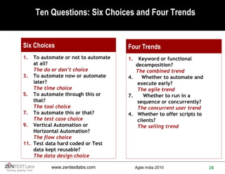 Ten Questions: Six Choices and Four Trends Six Choices To automate or not to automate at all? The do or don’t choice To automate now or automate later?  The time choice To automate through this or that?  The tool choice To automate this or that? The test case choice Vertical Automation or Horizontal Automation? The flow choice Test data hard coded or Test data kept reusable?  The data design choice Four Trends Keyword or functional  decomposition? The combined trend Whether to automate and  execute early? The agile trend Whether to run in a  sequence or concurrently? The concurrent user trend 4.  Whether to offer scripts to  clients? The selling trend 