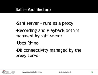 Sahi – Architecture -Sahi server – runs as a proxy -Recording and Playback both is managed by sahi server. -Uses Rhino -DB connectivity managed by the proxy server 