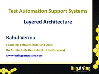 Test Automation Support Systems
             Layered Architecture

Rahul Verma
Consulting Software Tester and Coach
QA Architect, McAfee India (An Intel Company)
www.testingperspective.com
 