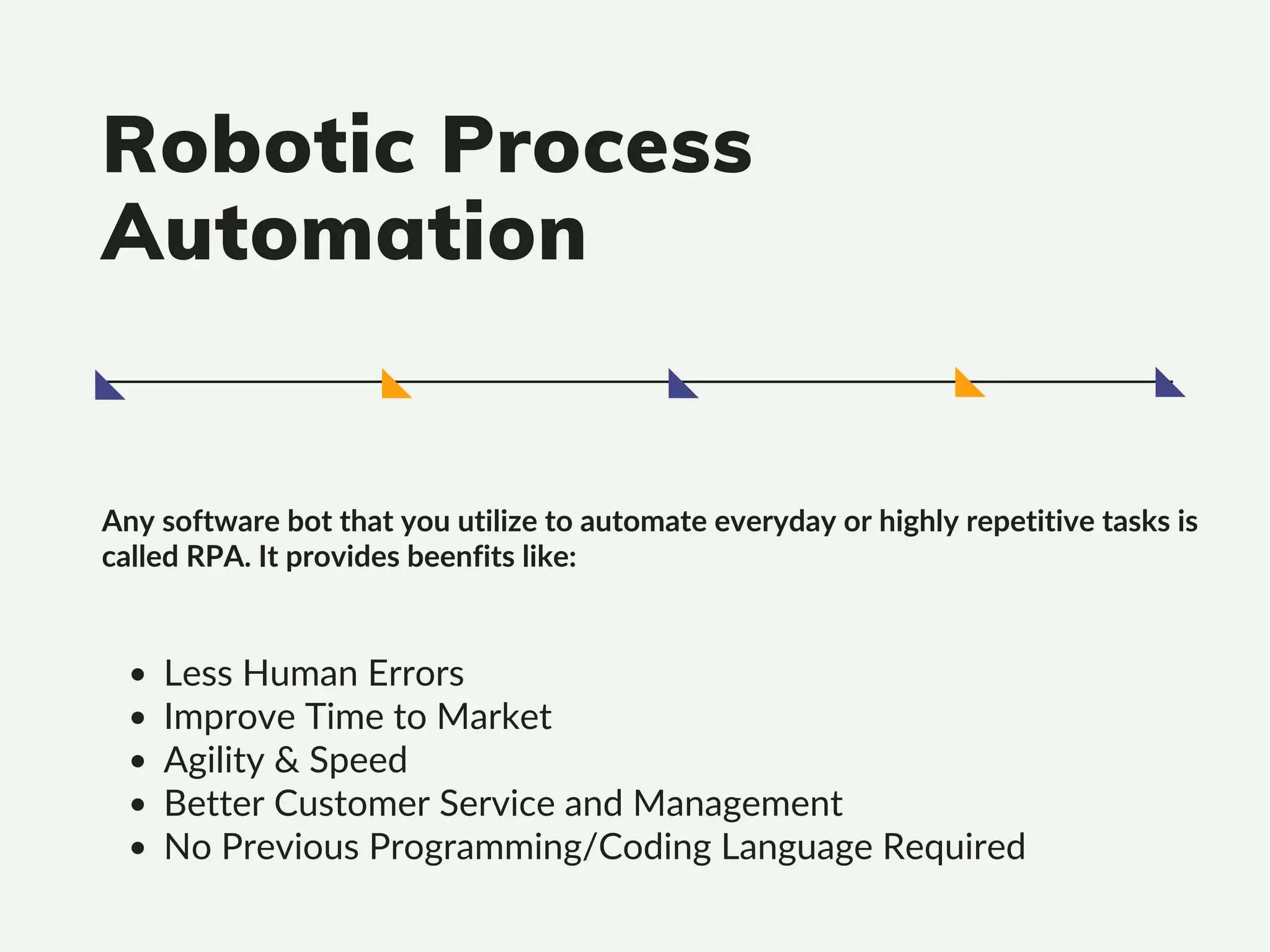 Robotic Process
Automation
Any software bot that you utilize to automate everyday or highly repetitive tasks is
called RPA. It provides beenfits like:
Less Human Errors
Improve Time to Market
Agility & Speed
Better Customer Service and Management
No Previous Programming/Coding Language Required
 
