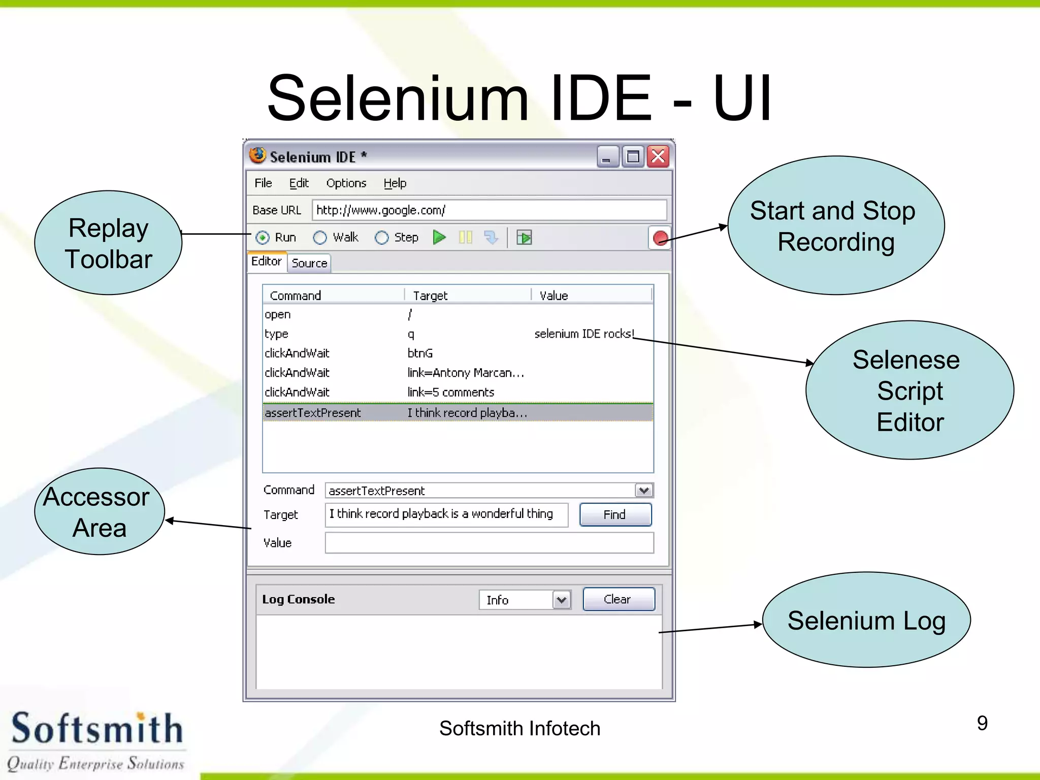 Softsmith Infotech 9
Selenium IDE - UI
Start and Stop
Recording
Selenese
Script
Editor
Selenium Log
Replay
Toolbar
Accessor
Area
 