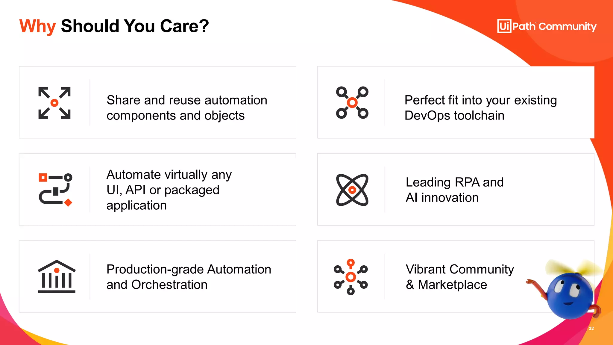 32
Why Should You Care?
Vibrant Community
& Marketplace
Leading RPA and
AI innovation
Perfect fit into your existing
DevOps toolchain
Production-grade Automation
and Orchestration
Automate virtually any
UI, API or packaged
application
Share and reuse automation
components and objects
 