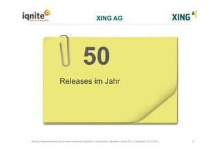 6Android Testautomatisierung mit dem Framework Robotium | Daniel Knott | @dnlkntt | Iqnite 2012 | Düsseldorf, 24.04.2012
Releases im Jahr
50
XING AG
 