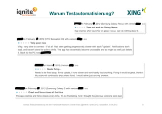 Warum Testautomatisierung?
9Android Testautomatisierung mit dem Framework Robotium | Daniel Knott | @dnlkntt | Iqnite 2012 | Düsseldorf, 24.04.2012
 