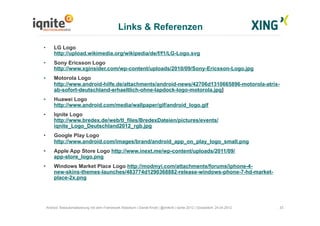 33Android Testautomatisierung mit dem Framework Robotium | Daniel Knott | @dnlkntt | Iqnite 2012 | Düsseldorf, 24.04.2012
...