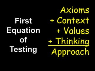 Contexts of Test StrategyAxiomsCommunicationEarly TestingRisksDe-DuplicationTestStrategyOpportunitiesGoalsAutomationCultureContractUser involvementConstraintsHuman resourceArtefactsSkillsEnvironmentProcess(lack of?)Timescales