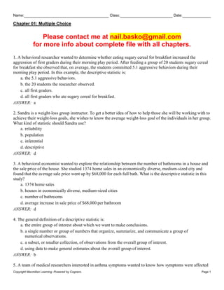 test bank Essentials of Statistics for the Behavioral Sciences, 5e ...