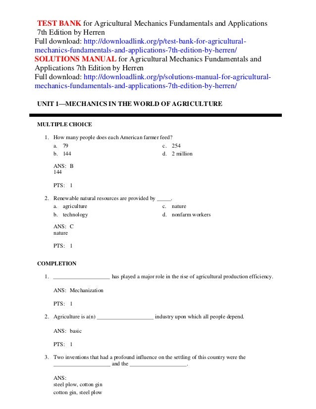 Test Bank For Agricultural Mechanics Fundamentals And Applications 7t