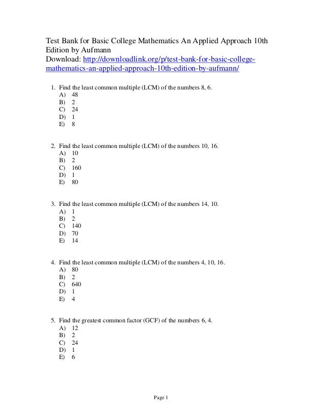 Test Bank for Basic College Mathematics An Applied Approach 10th