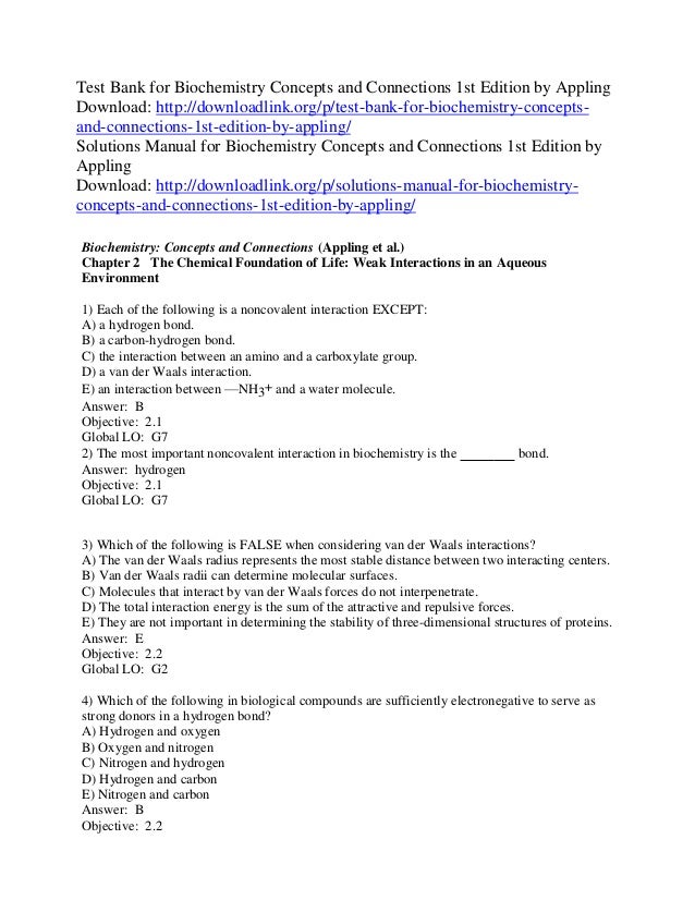 Test Bank for Biochemistry Concepts and Connections 1st Edition by Ap…
