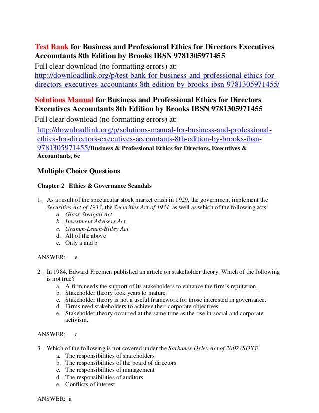 Test Bank For Business And Professional Ethics For Directors
