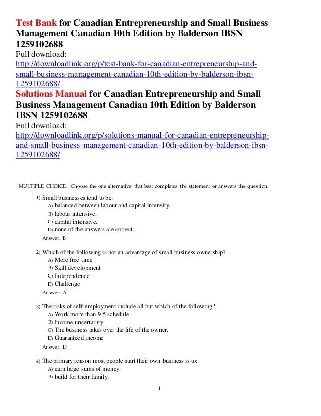 Test Bank For Canadian Entrepreneurship And Small Business