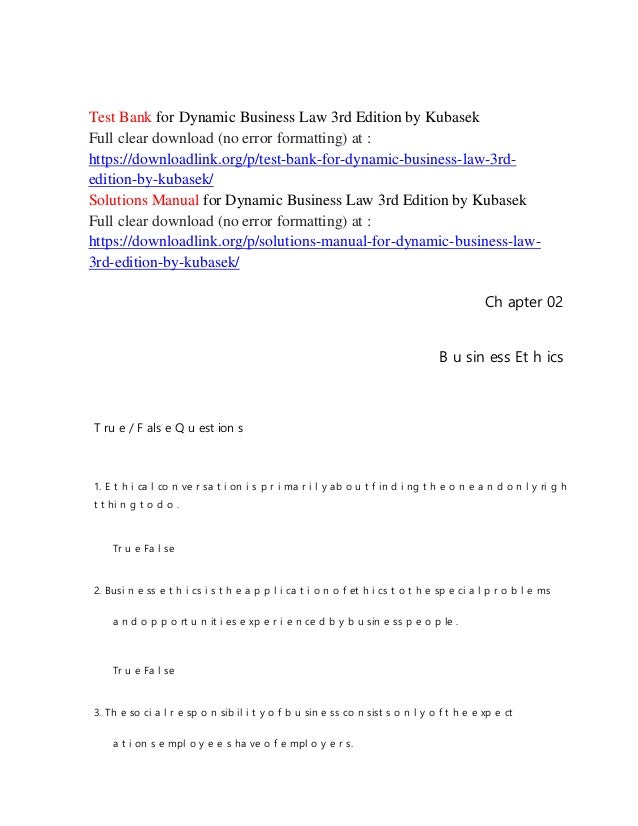 Test bank for dynamic business law 3rd edition by kubasek