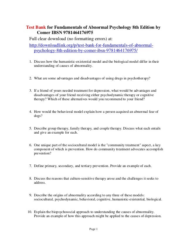 Test Bank For Fundamentals Of Abnormal Psychology 8th Edition By Come