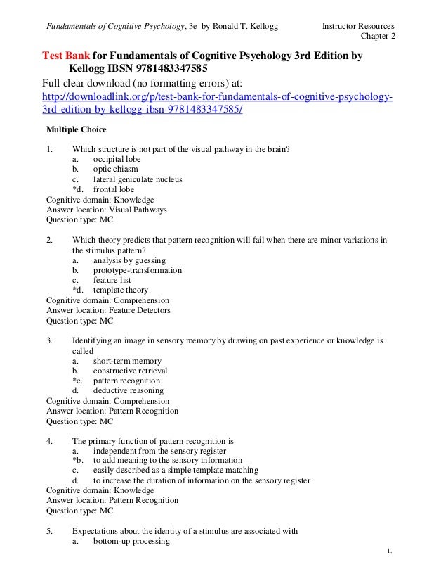 Test Bank For Fundamentals Of Cognitive Psychology 3rd