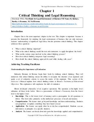 The Legal Environment of Business: A Critical Thinking Approach
1
Copyright © 2015 Pearson Education, Inc. All rights reserved.
Chapter 1
Critical Thinking and Legal Reasoning
Download FULL Test Bank for Legal Environment of Business 7/E Nancy K. Kubase,
Bartley A Brennan, M. Neil Browne
https://getbooksolutions.com/download/test-bank-for-legal-environment-of-business-7e-
nancy-k-kubase-bartley-a-brennan-m-neil-browne
Introduction
Chapter One is the most important chapter in the text. This chapter is important because it
presents the framework for studying the legal environment of business that not only increases
students’ understanding of significant legal ideas, but also promotes critical thinking. This chapter
addresses these questions:
 Why is critical thinking important?
 What is the critical thinking model the text asks instructors to apply throughout the book?
 What are the various steps involved in the critical thinking process?
 How does critical thinking invigorate legal reasoning?
 How should the critical thinking approach be used while dealing with cases?
Achieving Teaching Excellence
Understanding the Importance of Evaluation
Kubasek, Brennan & Browne begin their book by defining critical thinking. They tell
instructors that critical thinking means the ability to recognize the structure of an argument and
apply a set of evaluative criteria to assess the merits of the argument. This section of the
Instructor’s Manual explains how critical thinking relates to Bloom’s Taxonomy of Educational
Objectives. This explanation will emphasize the skill of evaluation.
Bloom developed a hierarchy of six cognitive operations. The operation at the higher level
subsumes all those levels below. Here is a presentation of Bloom’s Taxonomy, from the lowest
level to the highest level:
 Knowledge: This is the lowest level of learning and is a prerequisite for all operations to
follow. This level relies primarily on the intellectual processes of recall and memory.
 Comprehension: The learner must go beyond knowledge and show understanding. Students
can paraphrase or explain something they have heard or read.
 Application: The learner can apply what he or she has comprehended. Students can use
information or principles in a specific situation.
 Analysis: The learner can break down into parts the knowledge applied and comprehended.
 