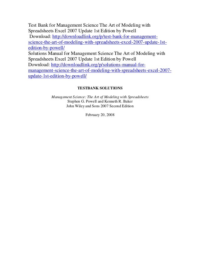 test bank for management science the art of modeling with spreadsheet bank spreadsheet
