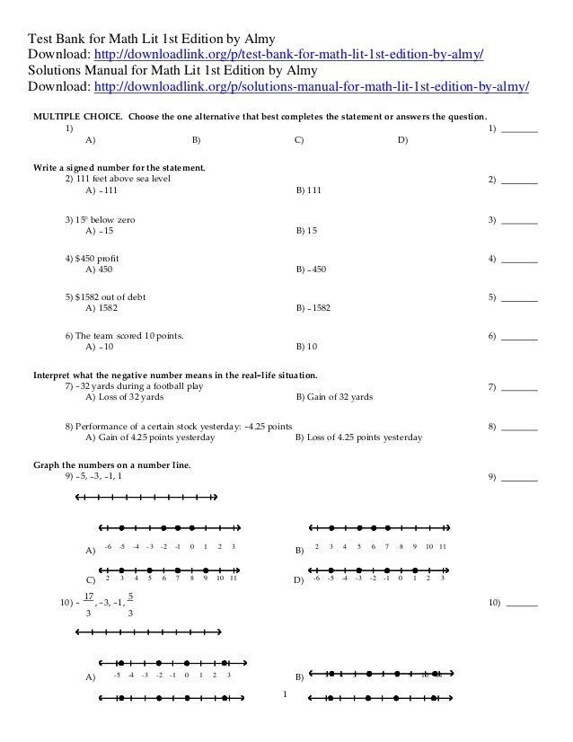 Test bank for math lit 1st edition by almy