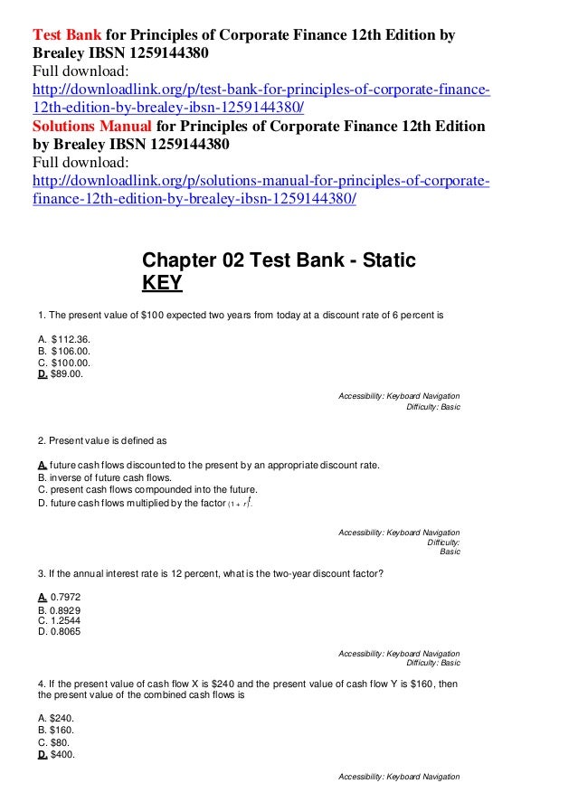 test bank for principles of corporate finance 12th edition discount factor 12