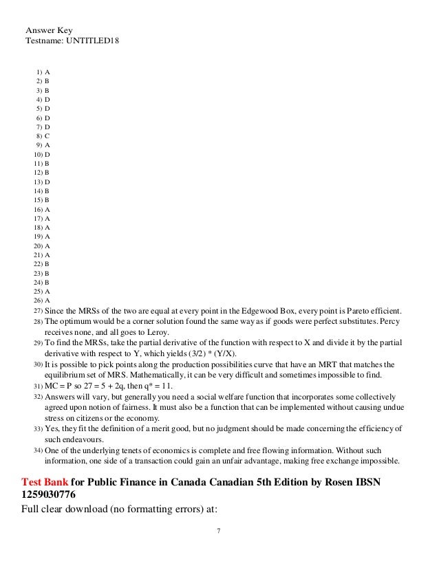 Test bank for public finance in canada canadian 5th edition by rosen