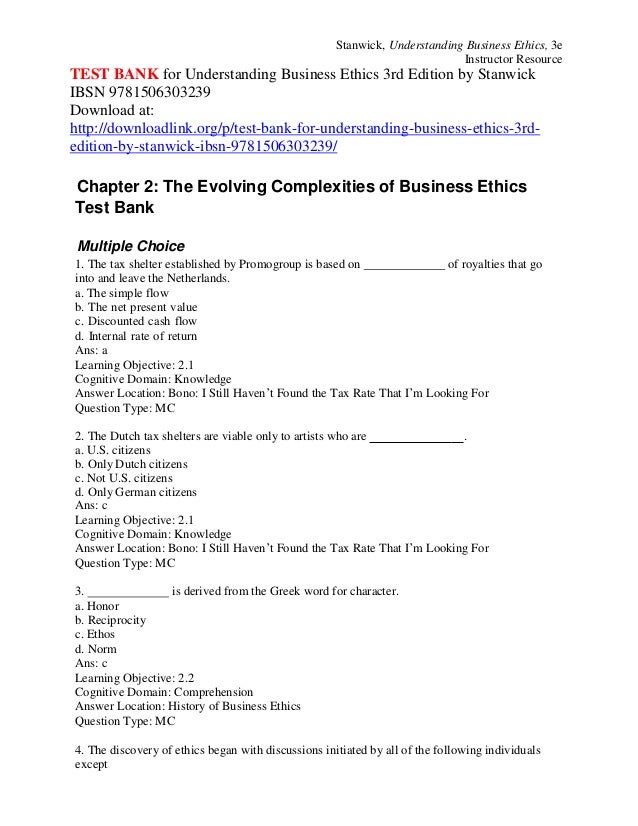 Test bank for understanding business ethics 3rd edition by stanwick i…