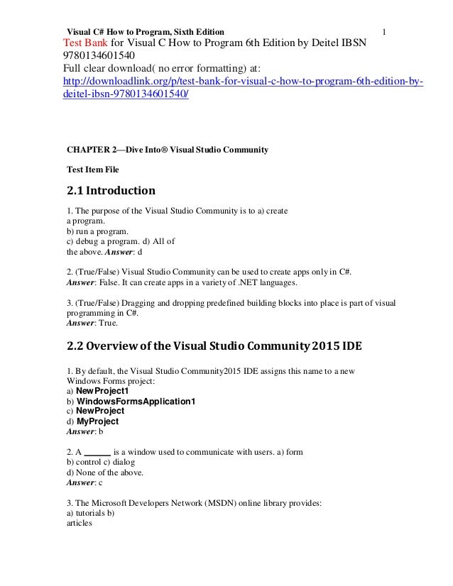Test Bank For Visual C How To Program 6th Edition By Deitel Ibsn 9780 Test Bank For Visual C How To Program 6th Edition By Deitel Ibsn 9780